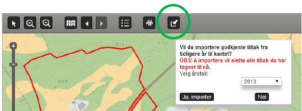 Kart Dersom man svarer nei på spørsmål om import første gang man kommer til kartet, kan man når som helst senere importere tiltakene fra i