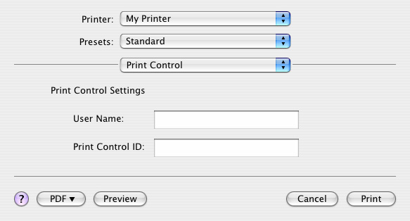 Print control (Utskriftskontroll) Hvis du bruker utskriftskontrollserveren for Windows til å administrere skrivere, skriver du inn brukernavnet