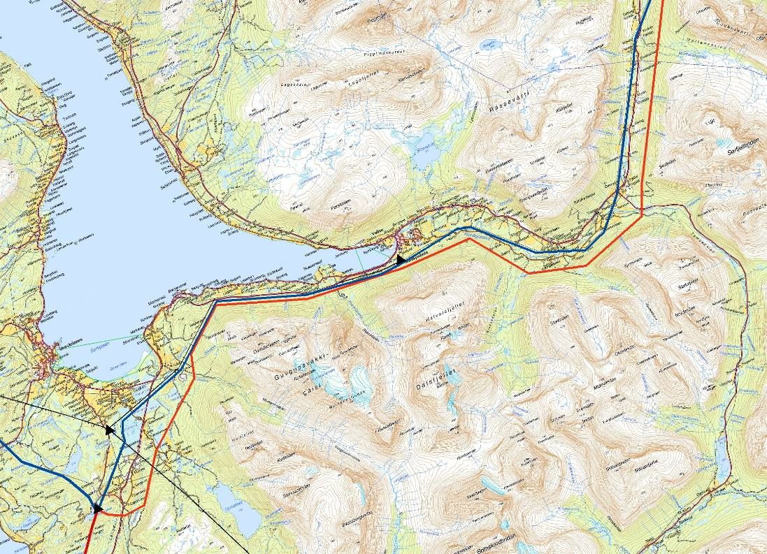 420 kv Balsfjord Hammerfest 2.1 Seksjon 1: Balsfjord kommune Alternativ 1.0. Ut fra Balsfjord transformatorstasjon går planlagt 420 kv-ledning østover og krysser Langdalen før den dreier nordover og