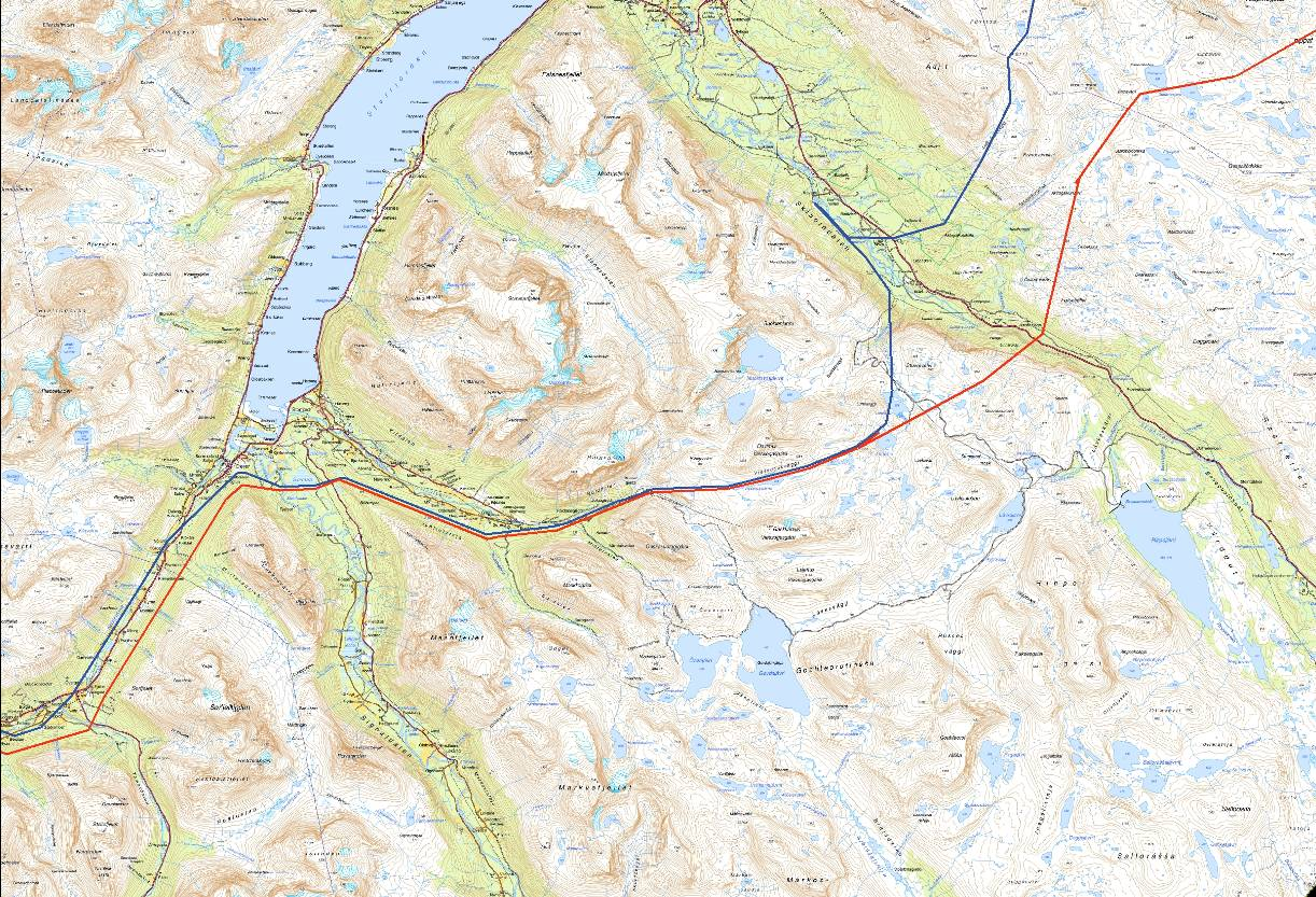 420 kv Balsfjord - Hammerfest Figur 3: Alternativ 1.0 (rød strek). Eksisterende 132 kv-ledning er vist med blå strek. Alternativ 1.18 1.19 Alternativ 1.18 tar av fra traséalternativ 1.
