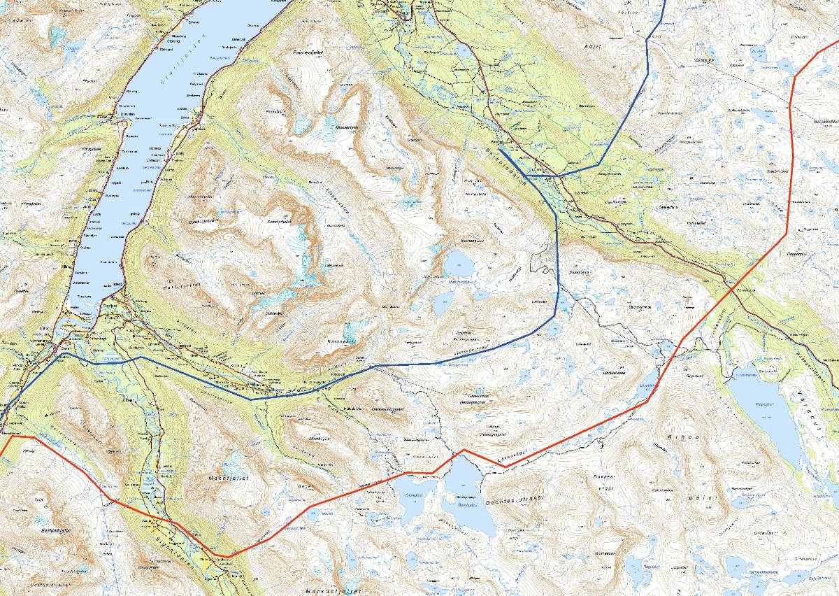 420 kv Balsfjord Hammerfest Figur 4: Alternativ 1.18-1.19 (rød strek). Eksisterende 132 kv-ledning er vist med blå strek. Alternativ 1.0 1.19 Alternativet følger trasé 1.