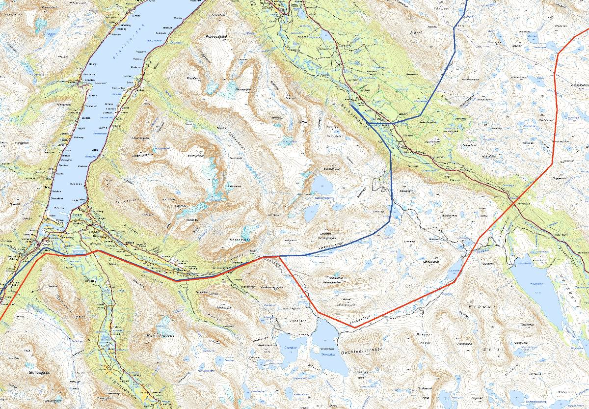 420 kv Balsfjord - Hammerfest Figur 5: Alternativ 1.0-1.19 1.0 (rød strek). Eksisterende 132 kv-ledning er vist med blå strek. Sort trekant er eksisterende stasjon. Alternativ 1.0 1.2 1.
