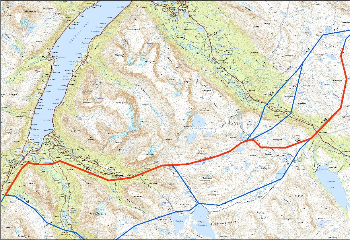 420 kv Balsfjord Hammerfest Figur 6: Alternativ 1.0-1.12-1.19 (rød strek). Andre alternativer er vist med blå strek. Alternativ 1.0 1.4 1.