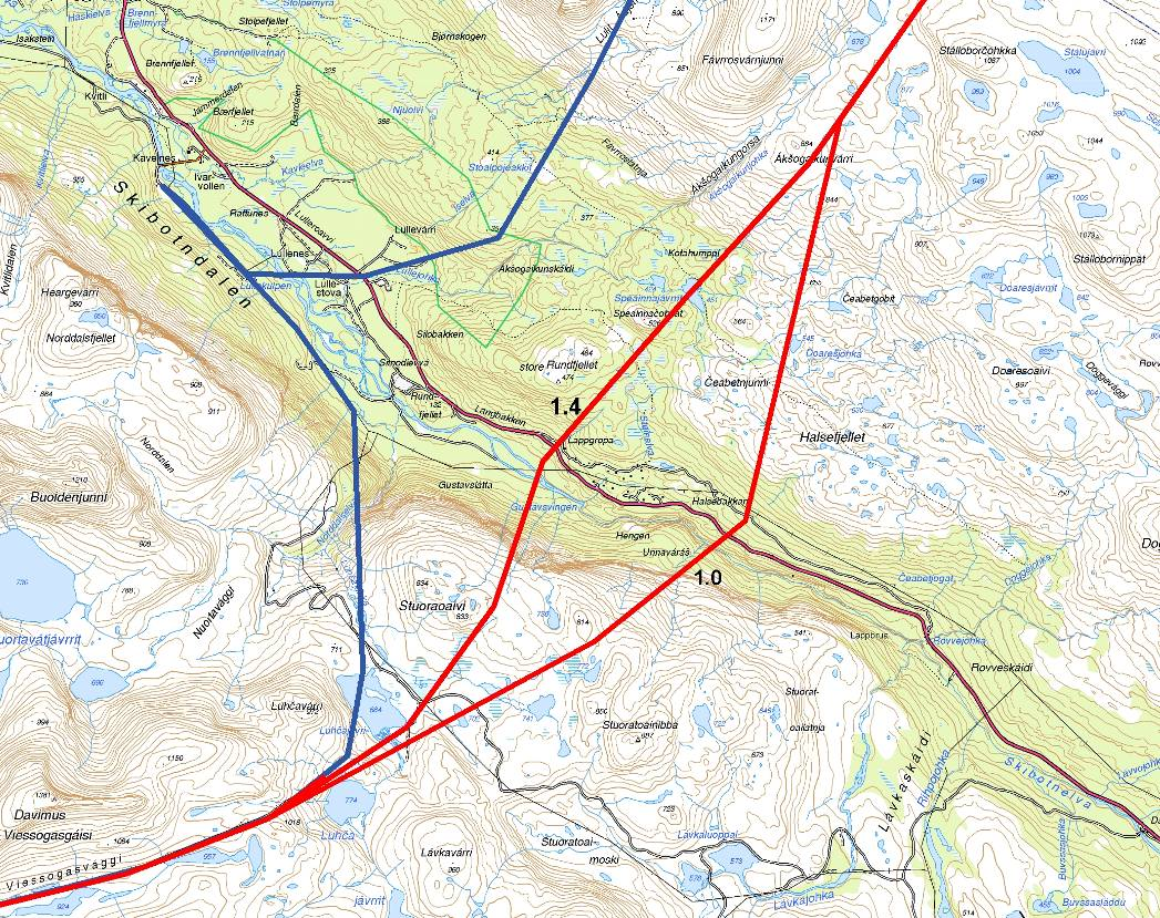 420 kv Balsfjord - Hammerfest Figur 7: Alternativ 1.0 og 1.4 ved kryssing av Skibotndalen (rød strek). Eksisterende 132 kv-ledning er vist med blå strek. Sort trekant er eksisterende stasjon.
