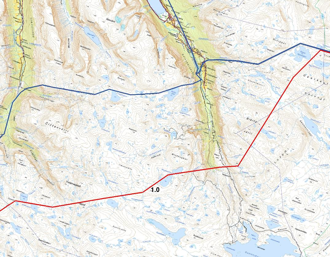 420 kv Balsfjord - Hammerfest Figur 9: Kryssingen av Kåforddalen for alternativ 1.0 (rød strek). Eksisterende 132 kv-ledninger er vist med blå strek.