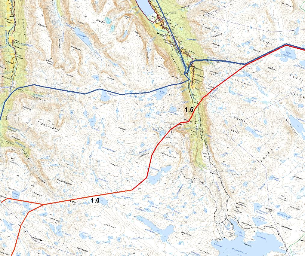 420 kv Balsfjord Hammerfest Figur 10: Traséalternativ 1.5 1.3 er vist med rød strek. Eksisterende 132 kvledninger er vist med blå strek. Eksisterende stasjon er vist med sort trekant. Alternativ 1.