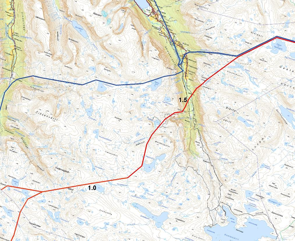 420 kv Balsfjord - Hammerfest Figur 11: Traséalternativ 1.5 1.3 (rød strek) med ny 420 kv-stasjon i Kåfjorddalen.