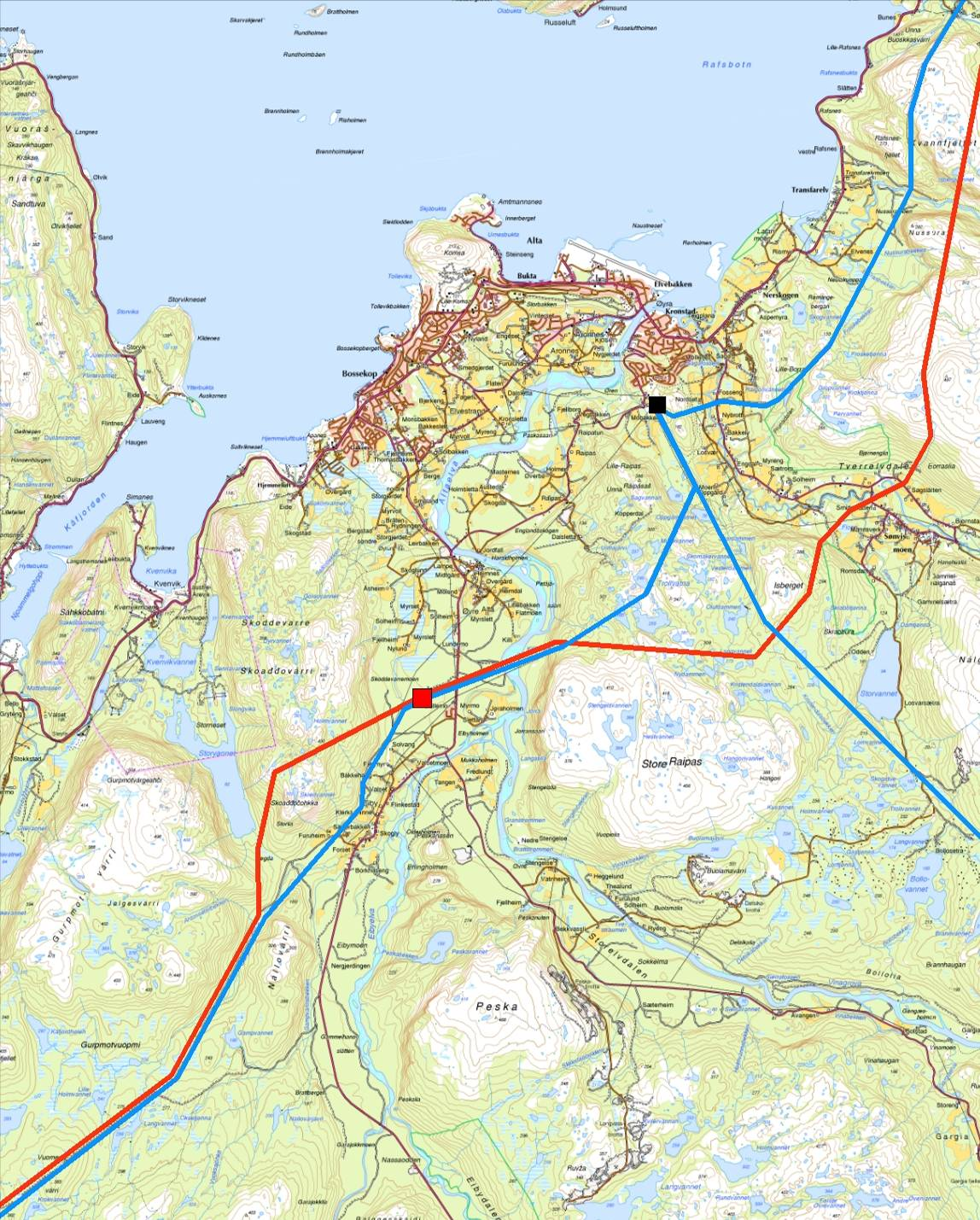 420 kv Balsfjord - Hammerfest Figur 16: Planlagt traséalternativ 1.0 1.1.1 1.8 1.0 for 420 kv-ledningen er vist med rød strek.