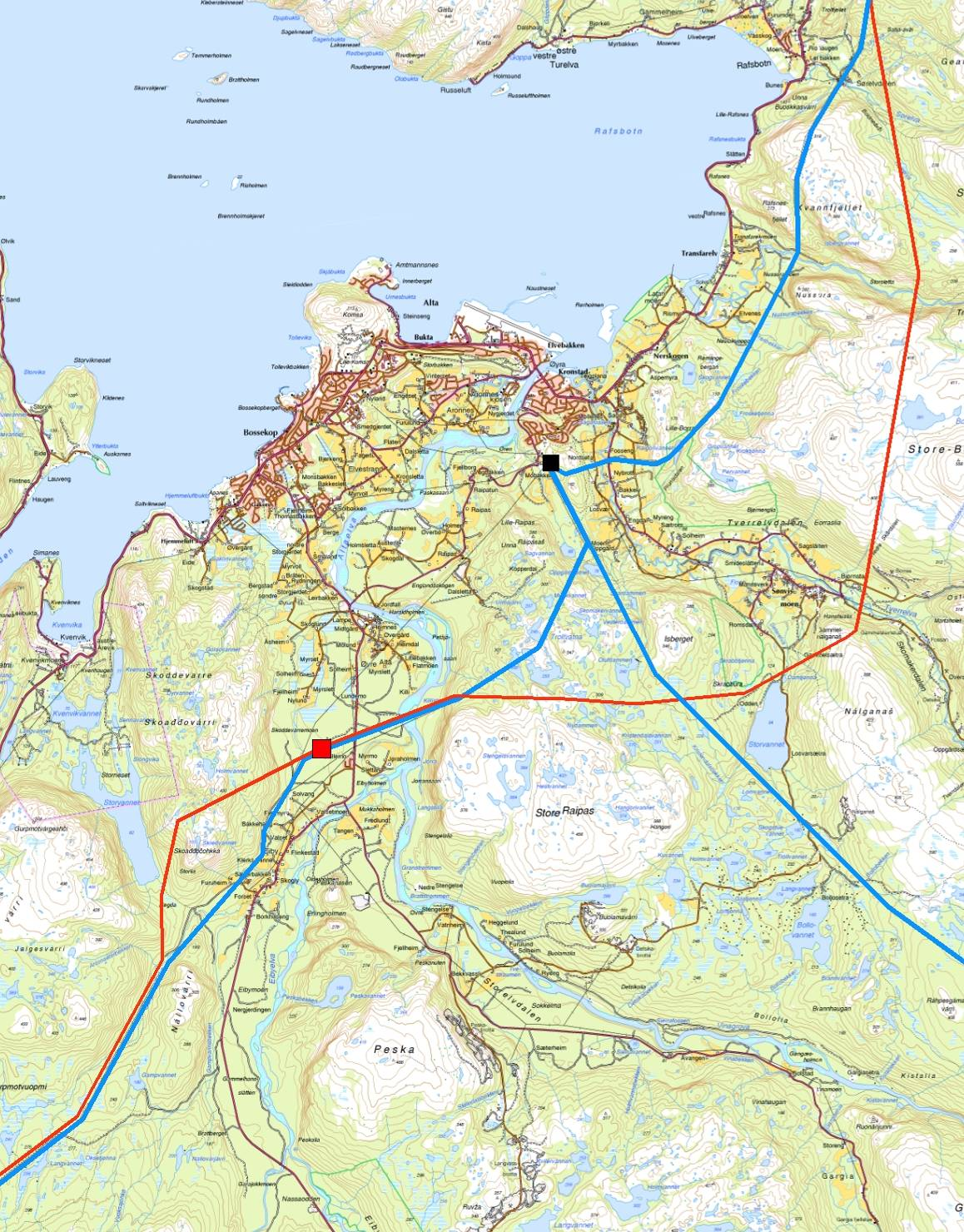 420 kv Balsfjord Hammerfest Traséalternativ 1.0 1.11 1.17 Figur 17: Planlagt traséalternativ 1.0 1.1.1 1.17 for 420 kv-ledningen er vist med rød strek.