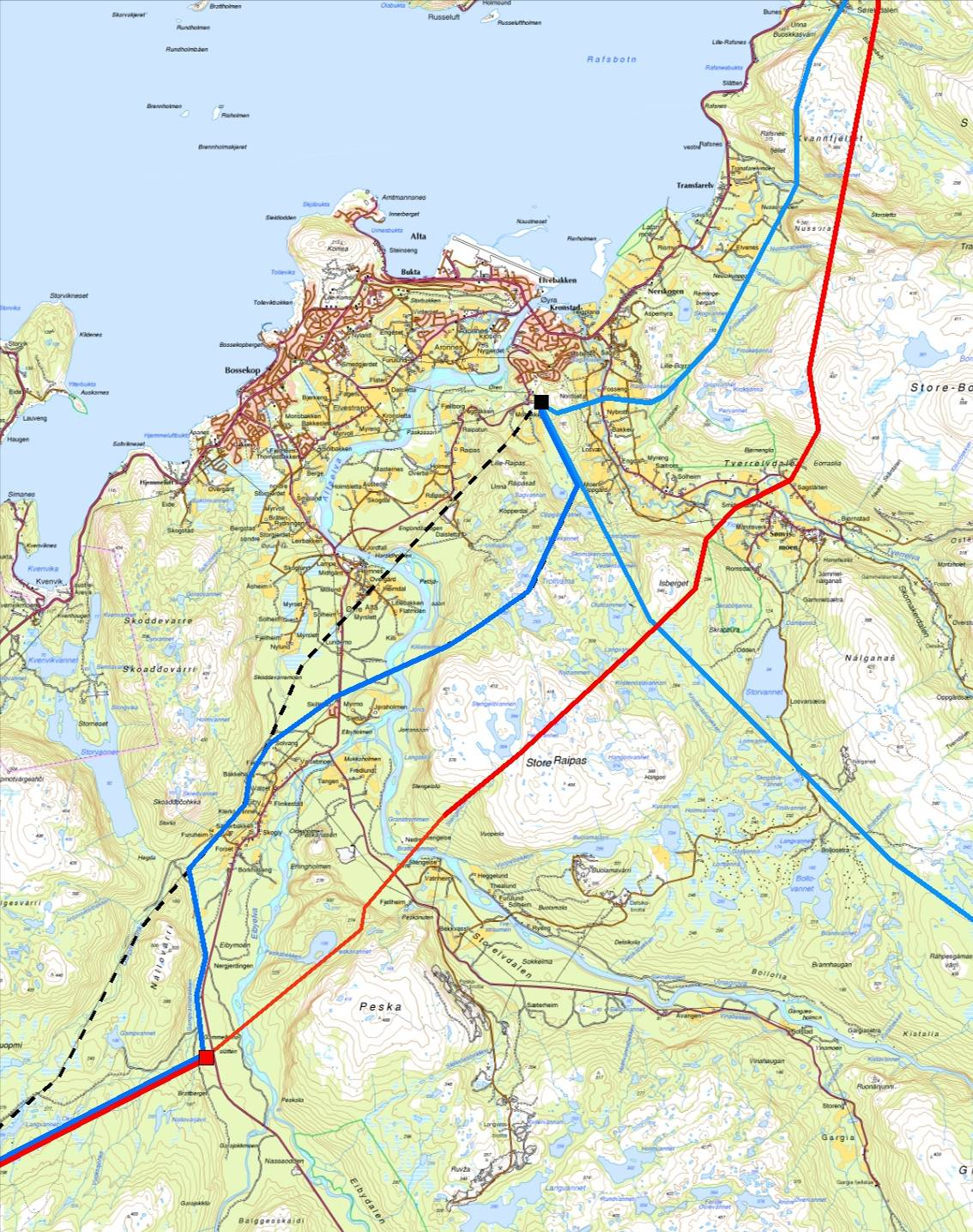 420 kv Balsfjord Hammerfest 1. Raip 1. 1.8. Eibymoe 1. Figur 18: Traséalternativ 1.8 1.8.1-1.8 1.0 med omlegging av eksisterende 132 kv-ledninger inn til Eibymoen og ny 132 kv-ledning til Raipas.