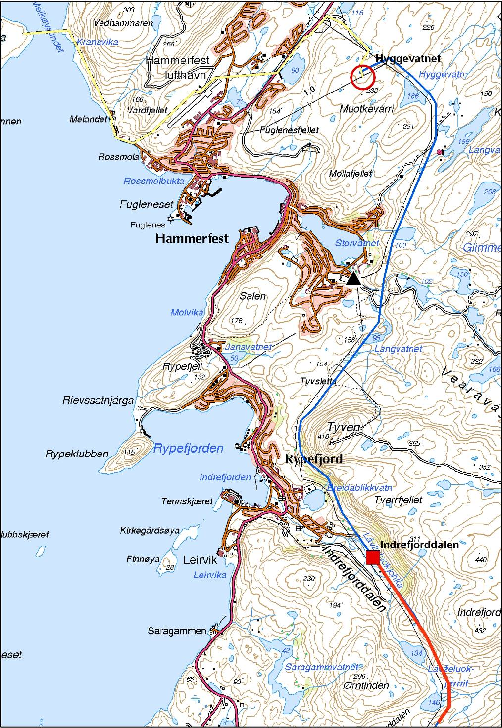 420 kv Balsfjord Hammerfest Fuglene Indrefjorddal Figur 24: Kartutsnittet viser planlagt trasé for 420- og 132 kv-forbindelsene mellom Repparfjorddalen og Melkøya.