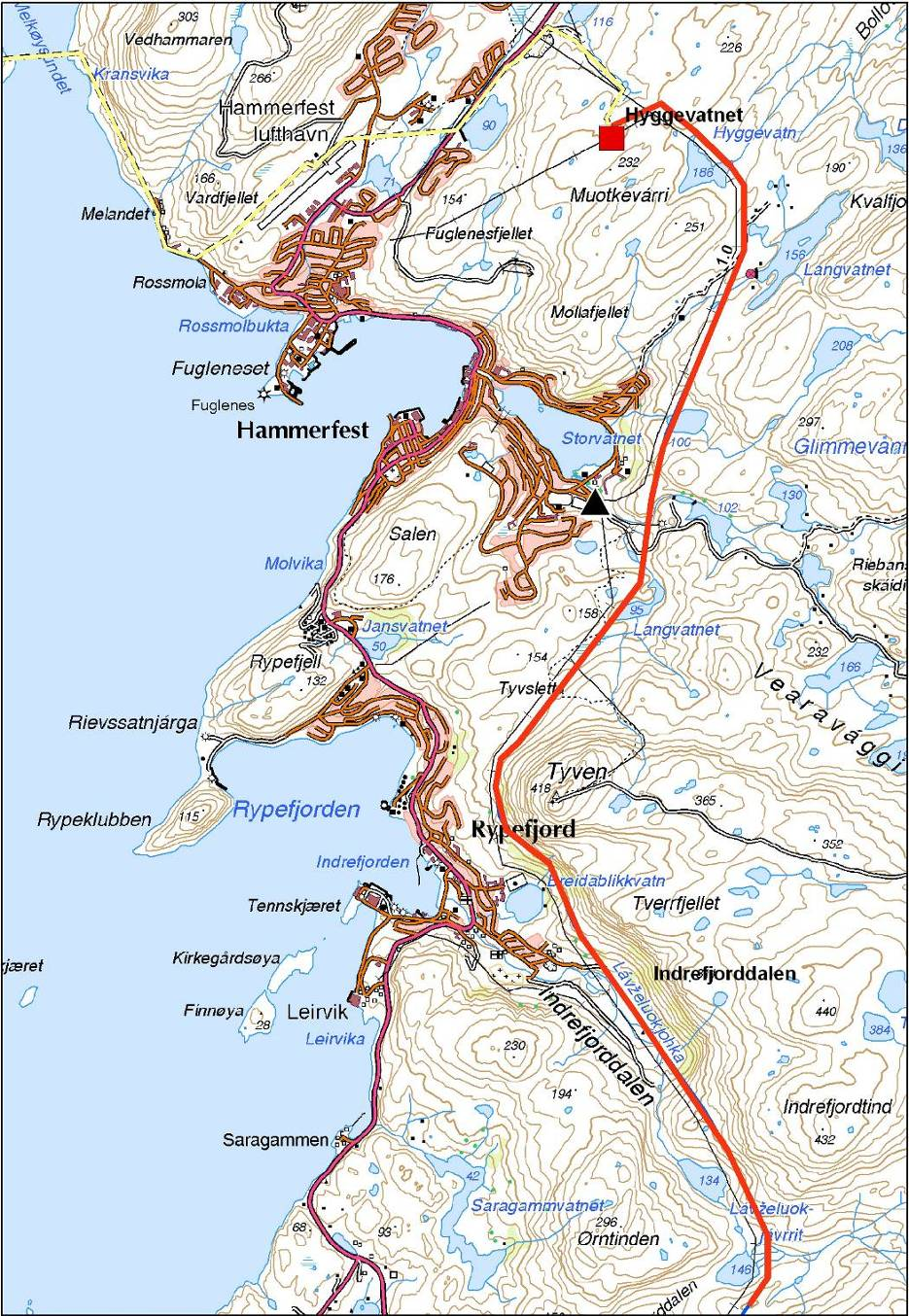 420 kv Balsfjord - Hammerfest Traséalternativ 1.0 A Planlagt 420 kv-ledning går frem til planlagt transformatorstasjon ved Hyggevatn.