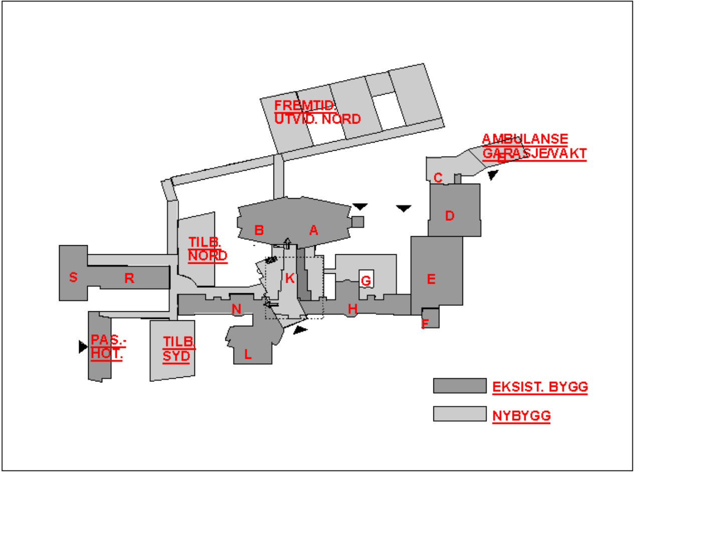 Figur 1: Oversikt over eksisterende bygg, nybygg og framtidige utvidelsesområder.