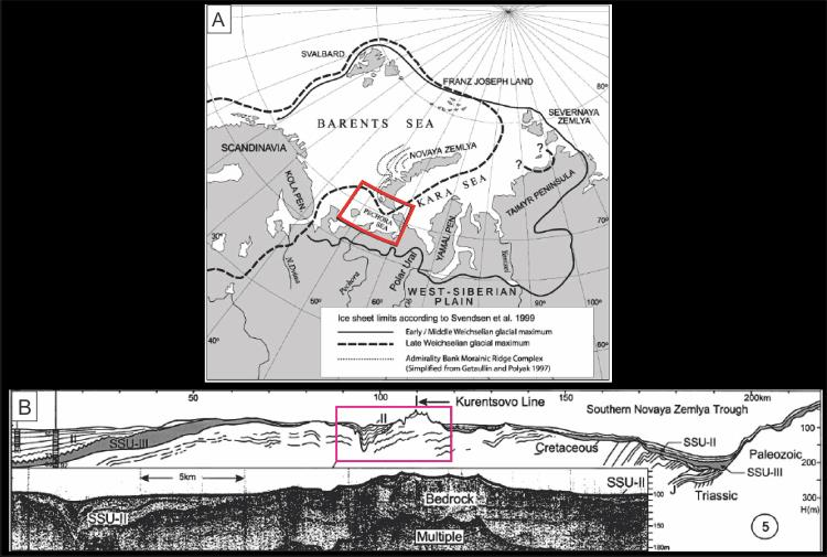4. Diskusjon Figur 4.7.2A: Rødt polygon angir lokaliseringen til Pechora sjøen. B. Seismisk profil som viser deformasjon av kritt-avsetninger.