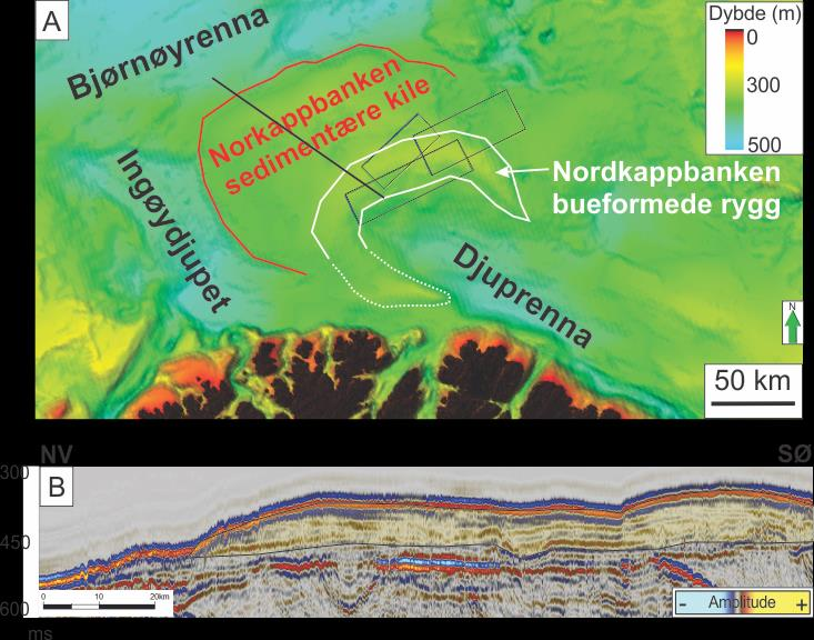 4. Diskusjon Figur 4.8.2A: Rød linje indikerer avgrensningen til Nordkappbanken sedimentære kile.