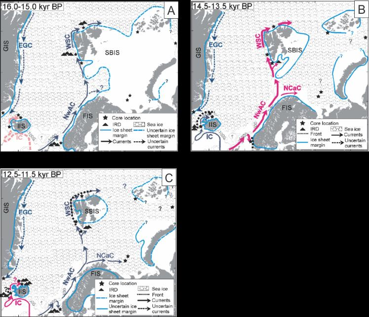 1. Innledning Polare forhold dominerte under siste del av istiden (16-15 kal ka), med en svak innstrømning av kaldt atlantisk vann før Bølling interstadialen startet (Fig 1.4.2A).