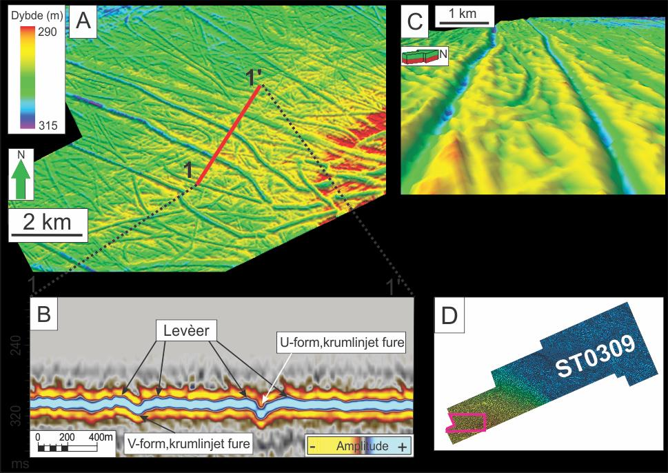 3. Resultater Figur 3.1.5A: Skygge-relieffkart av havbunnen som viser kurvede furer. Rød linje indikerer seismisk profil i C. Lys fra nord. B.