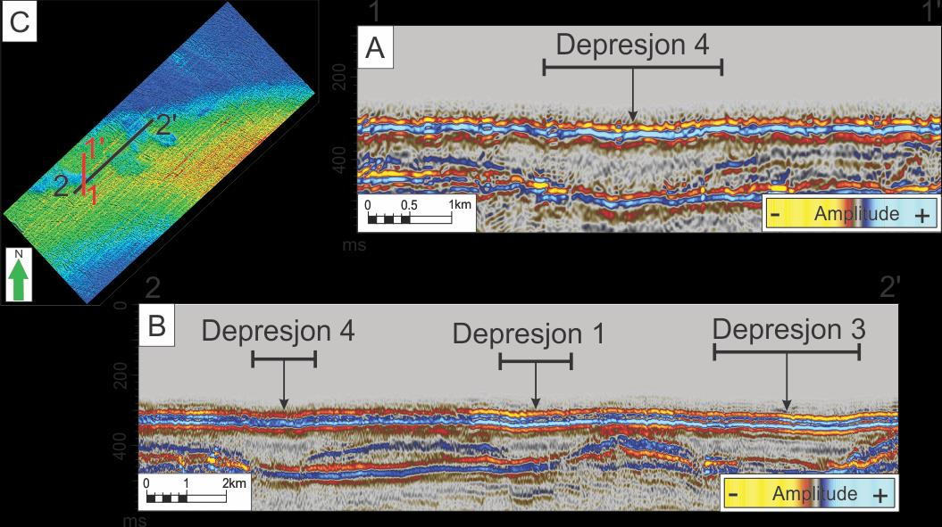 3. Resultater Figur 3.2.4A: Seismisk profil over depresjon 4 på havbunnen. B. Seismisk profil over depresjon 1, 3 og 4 på havbunnen. C.