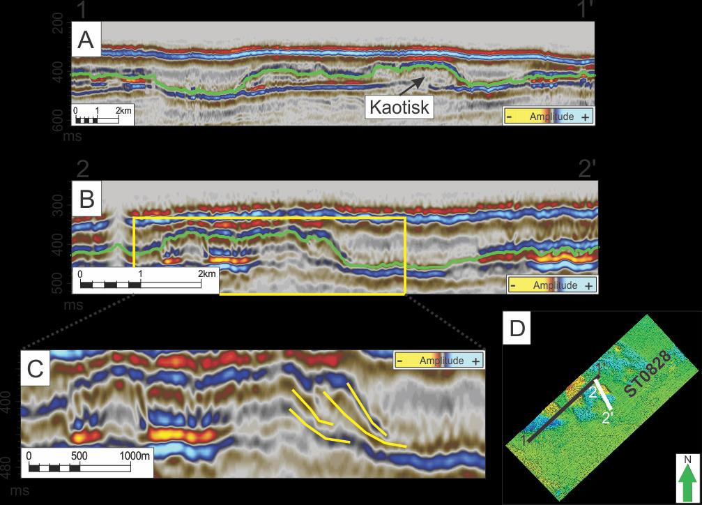 Seismiske profil indikerer også at ryggene stedvis har en intern struktur med skråstilte lag, og at de stedvis er karakterisert av kaotisk refleksjonsmønster (Fig3.4.2 & Fig.3.4.3).