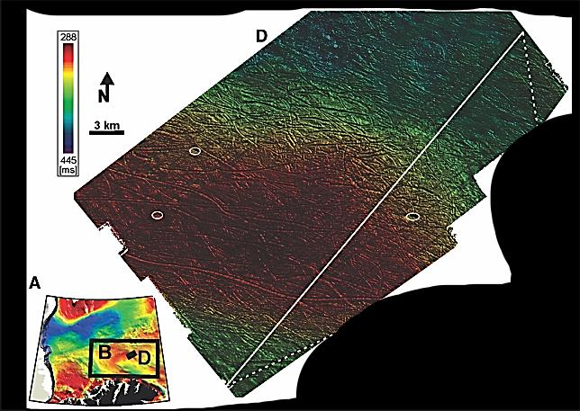 4. Diskusjon Figur 4.3.1: Isfjellpløyespor på havbunnen som er lokalisert nordøst for studieområdet til dette studiet. Lokaliseringen til figuren er indikert med svart polygon merket D.