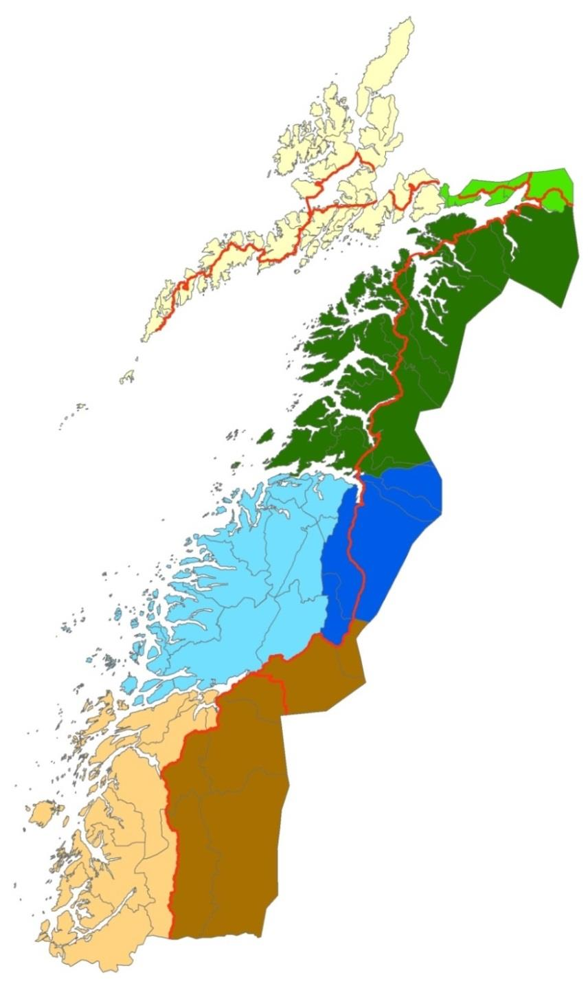 Kart over fellingsområder i forvaltningsplan for rovvilt i Nordland. NB.