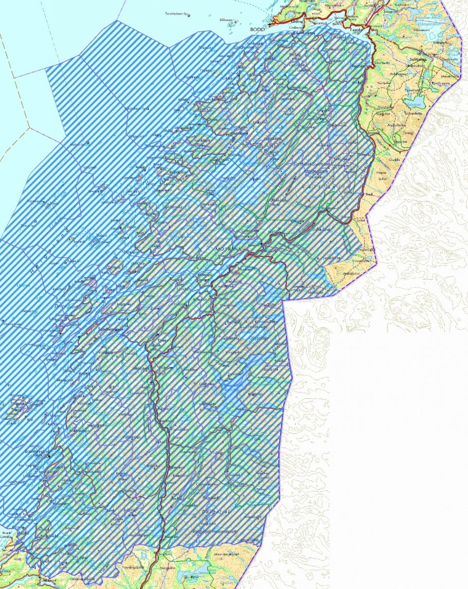 Kartet viser forslag til fellingsområde for lisensfelling av bjørn i Nordland høsten 2015.