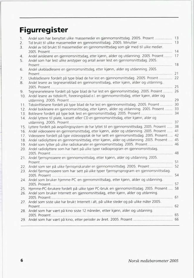 Figurregister 1. Andel som har benyttet ulike massemedier en gjennomsnittsdag. 2005. Prosent 13 2. Tid brukt til ulike massemedier en gjennomsnittsdag. 2005. Minutter 13 3.