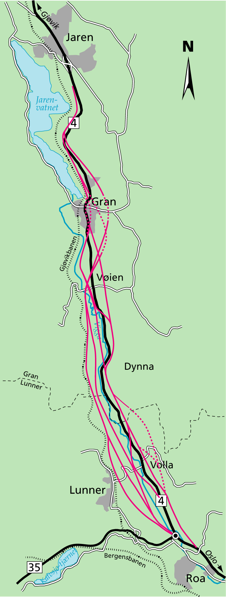 Rv 4 Roa - Jaren Side 10 Vedlegg 1: Oversiktskart (NB: De viste veglinjer er ikke oppdatert i forhold til siste silingsforslag) Gran nord: Nordre del av delt planskilt kryss.