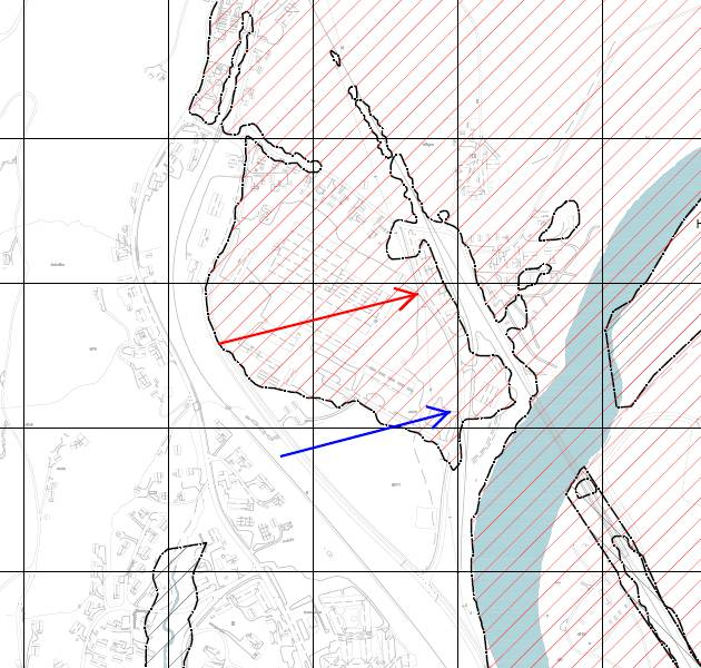 Figur 3: Viser utdrag fra kommunedelplan for Støren (2014). Rød pil markerer dagens avkjørsel. Blå pil markerer ønsket fremtidig avkjørsel.