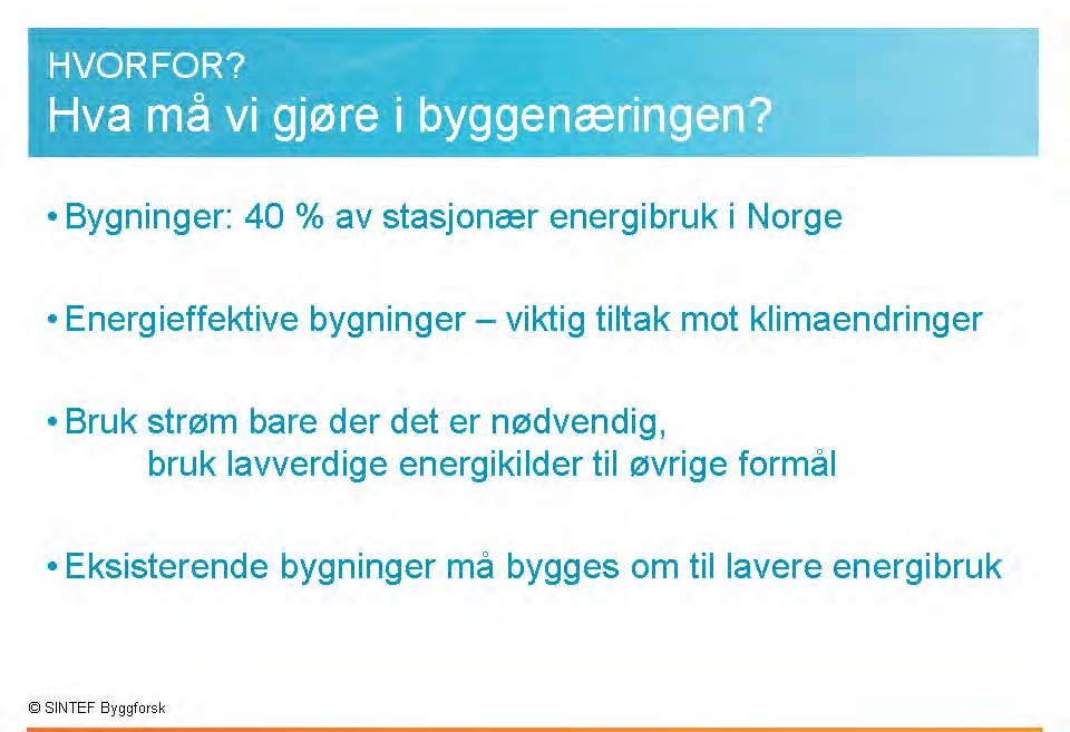 Bygninger bruker 40 % av all energi i Norge, selv om vi har mye kraftkrevende industri. Da ser vi bort fra energi brukt til transport.
