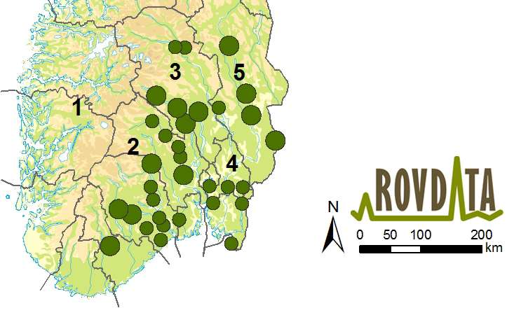 Protokoll for møte i Rovviltnemnda 24. - 25. november 2014 Side 11 av 39 Figur 4. Fordelingen av familiegrupper i 2014 i region 2 og tilgrensende regioner.