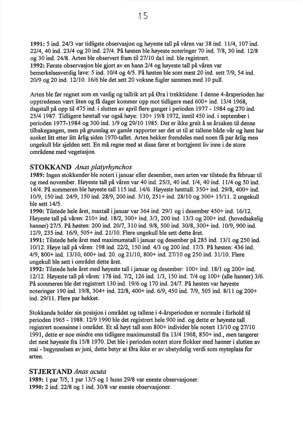 15 1991: 5 ind. 24/3 var tidligste observasjon og høyeste tall på våren var 38 ind. 11/4, 107 ind. 22/4, 40 ind. 23/4 og 20 ind. 27/4. På høsten ble høyeste noteringer 70 ind. 7/8, 30 ind.