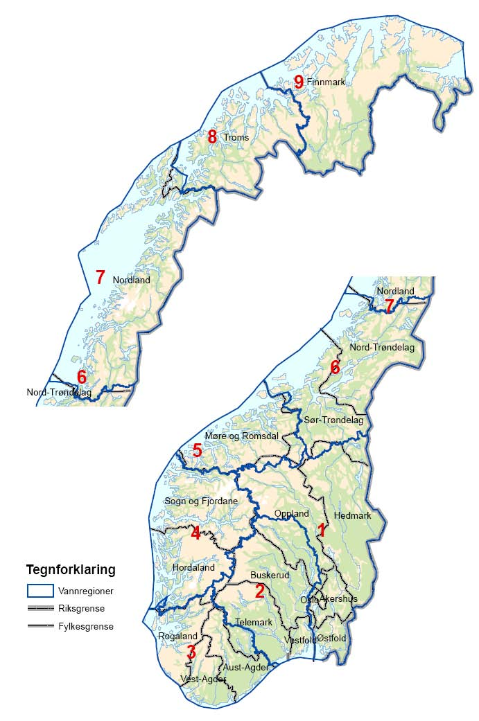 Norge inndelt i 9 vannregioner Nye vannregioner 1. Glomma 2. Vest-Viken 3.