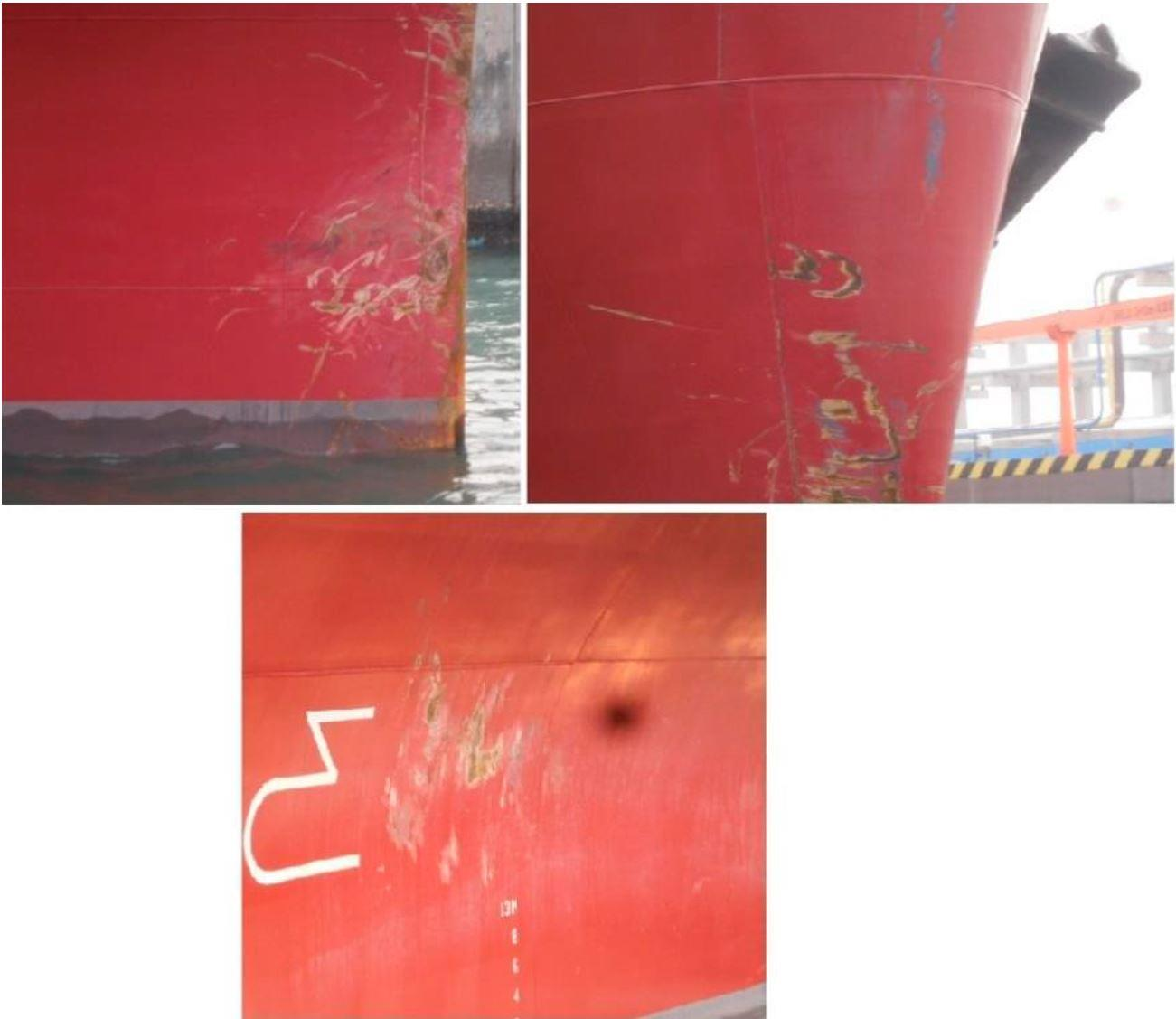 Statens havarikommisjon for transport Side 9 Figur 5: Bildene viser merkene/skadene på Clipper Quitos baug. Foto: Solvang ASA 1.4 