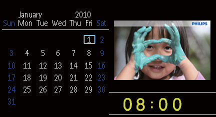 6 Klokke og kalender Du kan vise klokke og kalender i lysbildefremvisningen, eller vise klokken for seg selv. 1 Kontroller at du har angitt riktig klokkeslett og dato.