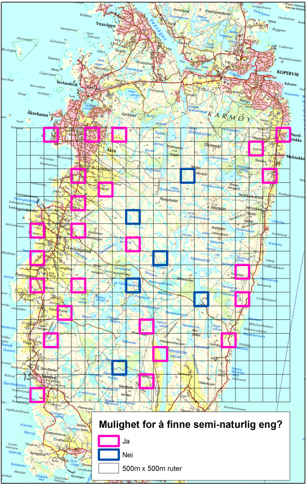 30 småruter (500 m 500 m; rosa og blå) valgt ut i a) Elvran, Midt-Norge og b) Karmøy, Vestlandet.