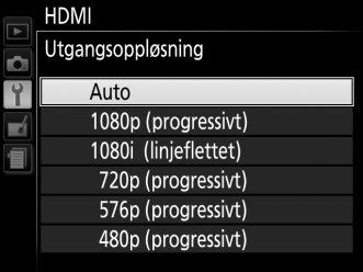 Velge en utgangsoppløsning For å velge formatet for bilder som skal overføres til HDMI-enheten, velger du HDMI > Utgangsoppløsning i kameraets oppsettsmeny (0 199).