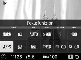 Du kan velge følgende fokusfunksjoner når du fotograferer i live view: Alternativ Beskrivelse AF-S Enkeltbilde-AF For motiver som ikke beveger seg. Fokus låses når utløseren trykkes halvveis ned.