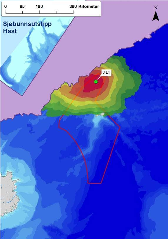 Figur 4-35 Sannsynligheten for treff av over 1 tonn olje i 10 10 km ruter gitt en sjøbunnsutblåsning fra J-L1 (sesongmessig).
