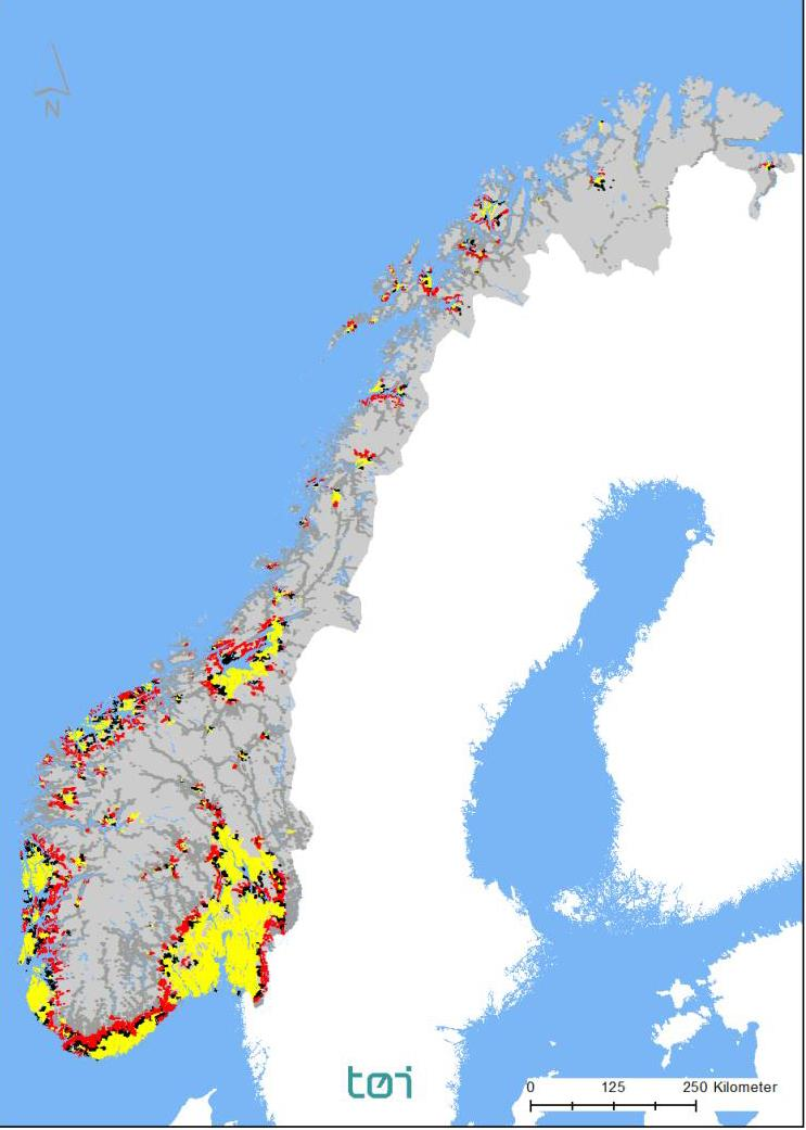 Områder over/under kritisk grense for potensial for befolkningsøkning.