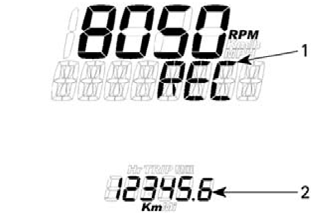 mmo2007-009-066_h MODUS FOR ETAPPEREGISTRERING 1. Display for etapperegistrering 2. Økter (etapper) 3. Snøscooterens hastighet 4. Omdreininger per minutt (RPM) 5.