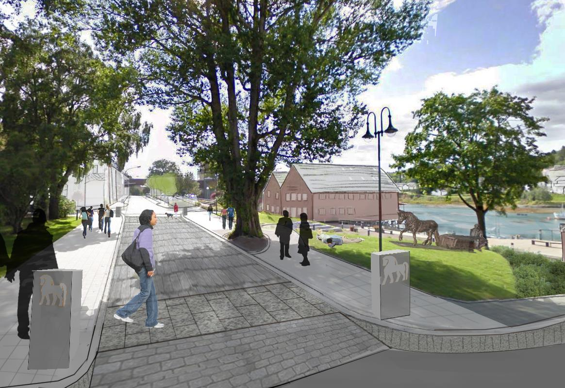 3D - bilde «Shared space» Sjøgata - Sjøparken Levanger kommune (skal prøve samme løsning