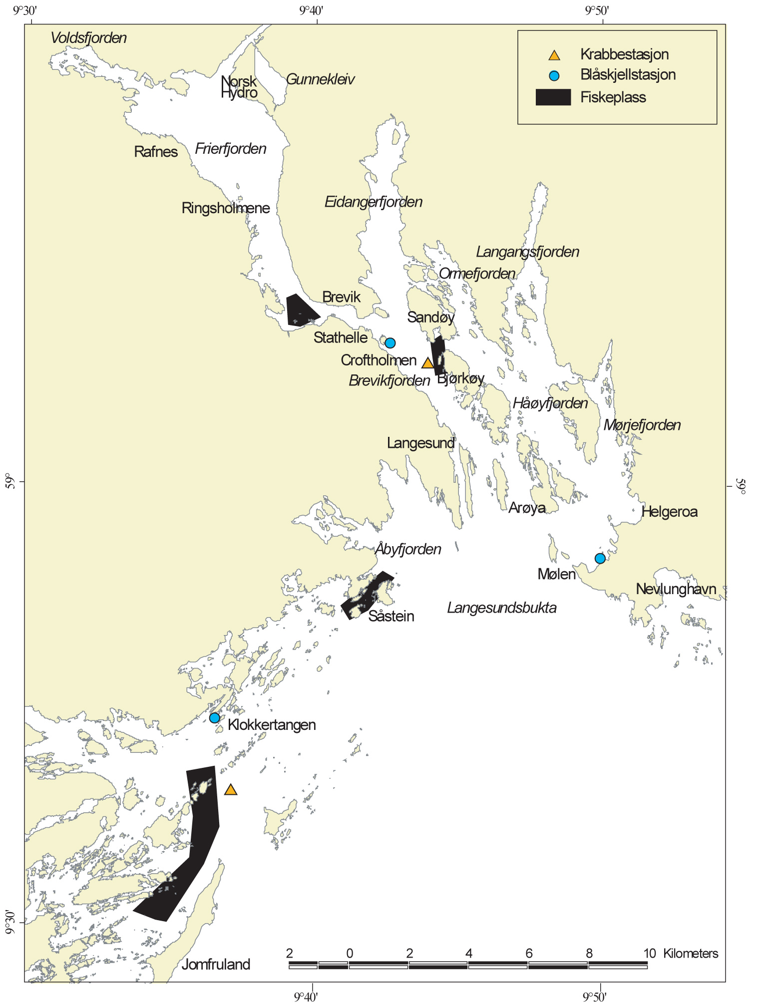 Figur 2 Kart over Grenlandsfjordene og Telemarkskysten med stedsangivelser for