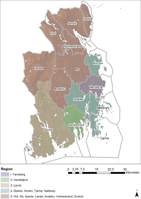 Vestfold ble delt opp i fem geografiske områder, her kalt regioner, med utvalgsstørrelser store nok for egne analyser (Figur 1).