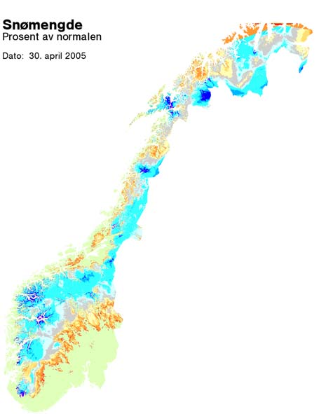 Figur 1.1.5 Snømengde i prosent av normalt ved utgangen av april og mai 25.