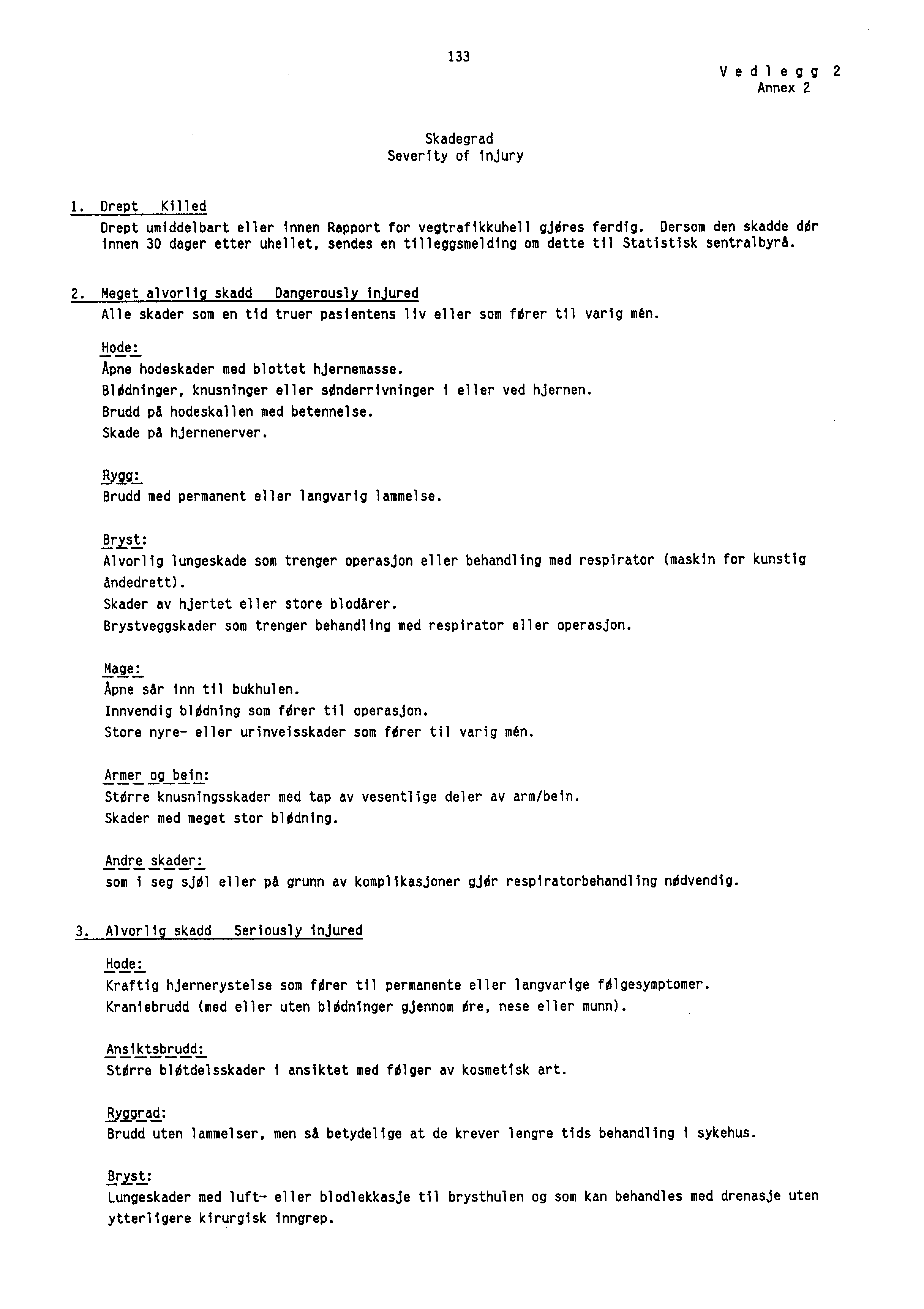 133 Vedl egg 2 Annex 2 Skadegrad Severity of injury 1. Drept Killed Drept umiddelbart eller innen Rapport for vegtrafikkuhell Wires ferdig.