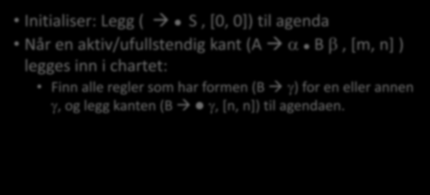 Top-Down Legg de aktive kantene (B γ, [k,k]) som er nødvendige, til agendaen Initialiser: Legg ( S, [0, 0]) til agenda Når en aktiv/ufullstendig kant (A α