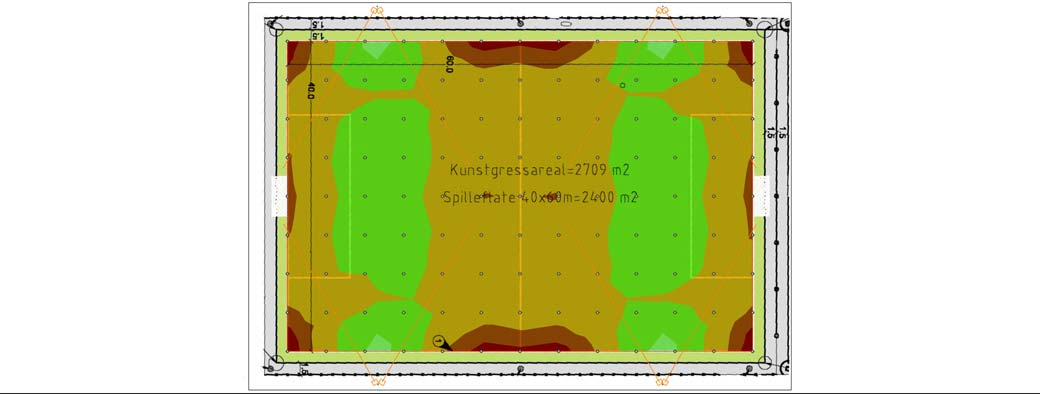 2 Alt 14 stk 12m master - 1000W 2.2 Sammendrag, Alt 14 stk 12m master - 1000W 2.2.1 Resultatoversikt, Spilleflate 40x60m [m] 25 N 20 15 10 5 0-5 -10-15 -20-25 -30-20 -10 0 10 20 30 [m] 75 100 150 200