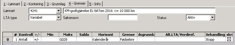 Legg merke til at kolonnen Alt.LTA/Verdiref er tom. Ved bruk av el-bil må brukeren manuelt registrere på egen lønnart/utleggstype når vedkommende går over 10 000km.