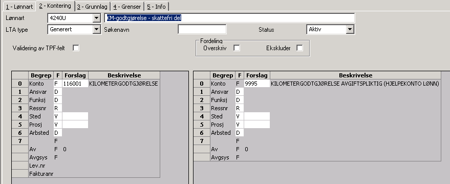 I skillekort Kontering ligger kostnadskonto på kontosiden og hjelpekontoen fra lønnart 4240 på motkontosiden.
